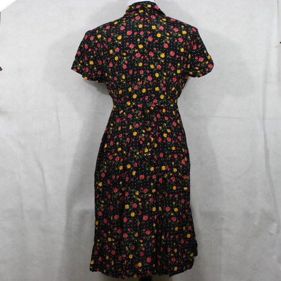 Vintage 50’s DJI Black Rayon Floral Midi Dress w/ Drawstring Belt SZ 10 EUC - Picture 4 of 8